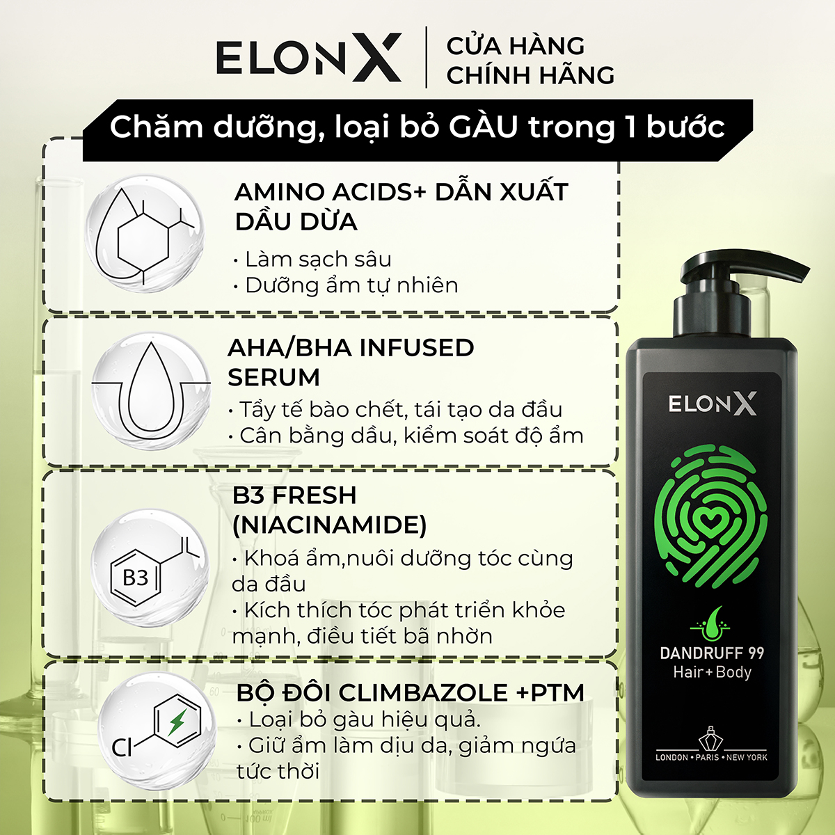 Dầu gội ElonX Dandruff 99 dầu gội sạch gàu dầu gội sữa tắm 2 trong 1 cho nam dầu gội đầu nam sữa tắm gội (680gr)