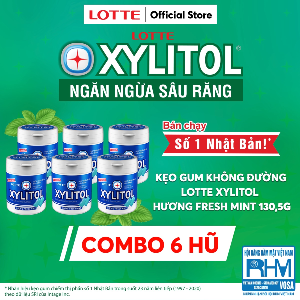 Combo 6 hũ Kẹo Gum không đường Lotte Xylitol - Hương Fresh Mint 137,8 g