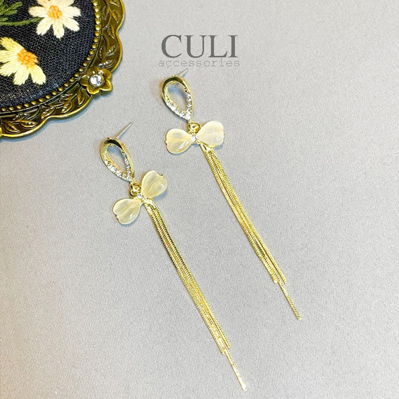 Khuyên tai dáng dài tua rua, hình nơ kết xà cừ HT609 - Culi accessories