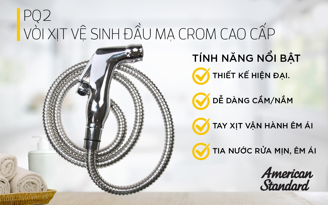 Vòi Xịt Vệ Sinh Đầu Mạ Crome Cao Cấp Chính Hãng PQ2 Thương Hiệu AMERICAN STANDARD – Thiết Kế Hiện Đại, Tia Nước Mịn