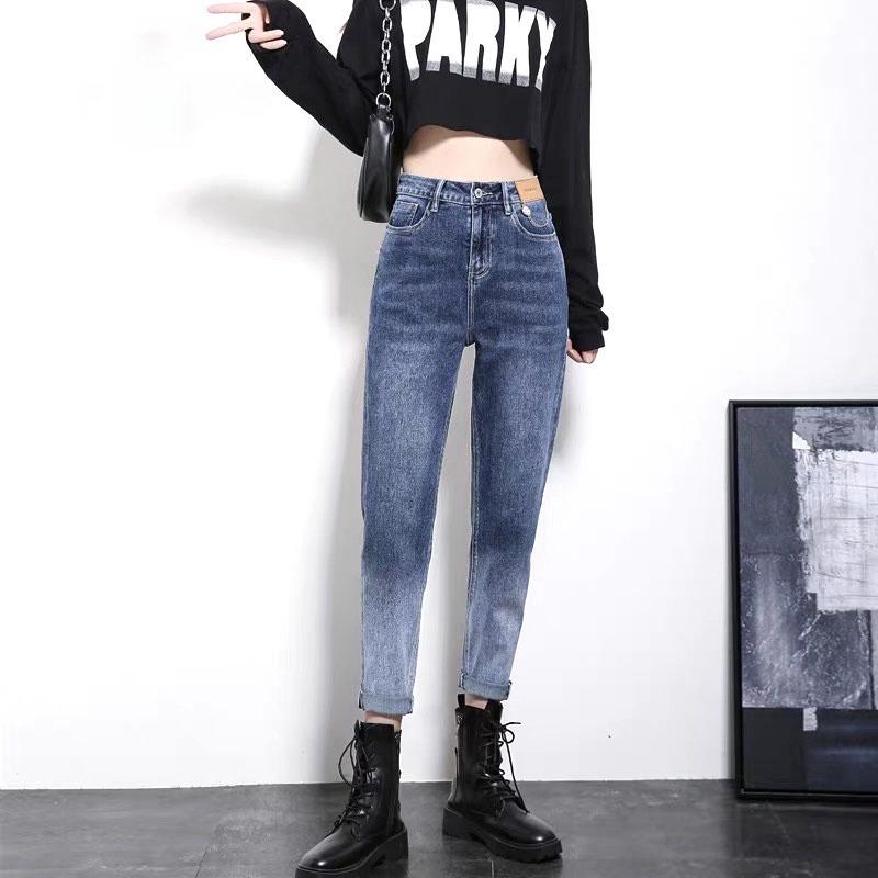 Quần jean dài BigSize phom Baggy / boyfriend co dãn mạnh, lưng cao, màu xanh was loang Ombre 4200 hottrend