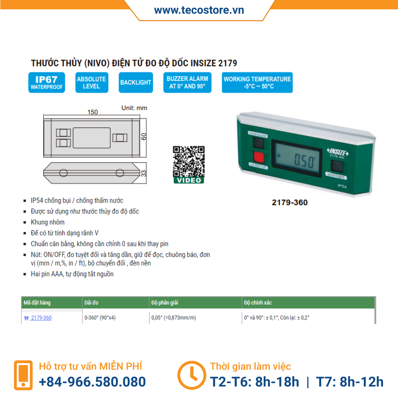 Thước thủy (nivo) điện tử đo độ dốc Insize 2179