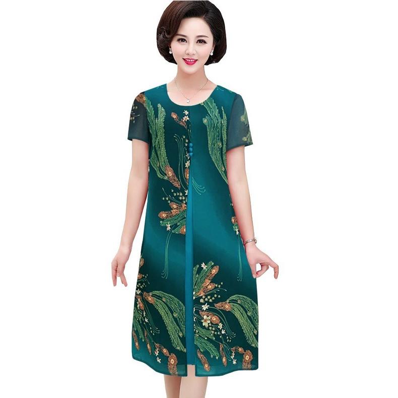 Đầm Trung Niên Sang Trọng, Mẫu Váy Trung Niên Cho Mẹ Đi Tiệc Kiểu Dáng Xẻ Tà Cách Tân, Họa Tiết Đuôi Công Trẻ Trung