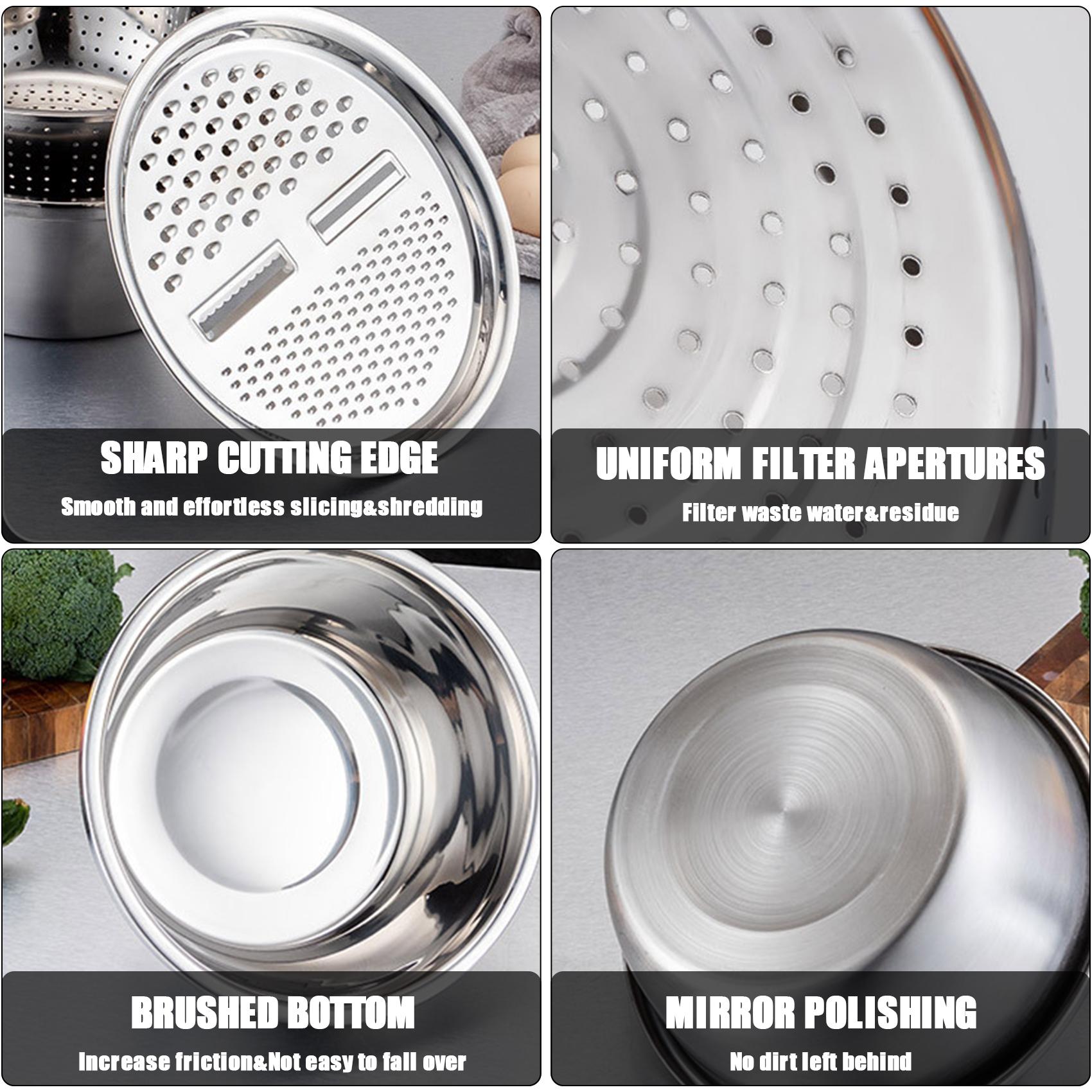 3 in 1 Kitchen Basin Grater Multipurpose Colander Slicer Cutter Shredder With Lid Stainless Steel Slicer