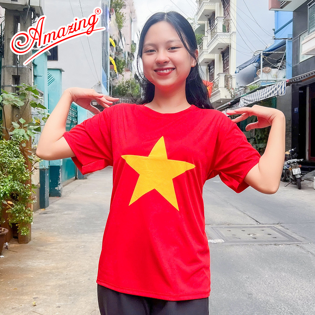 Áo thun cờ đỏ sao vàng, trang phục biểu diễn, dành cho bé gái và bé trai, size đến 100kg, Amazing