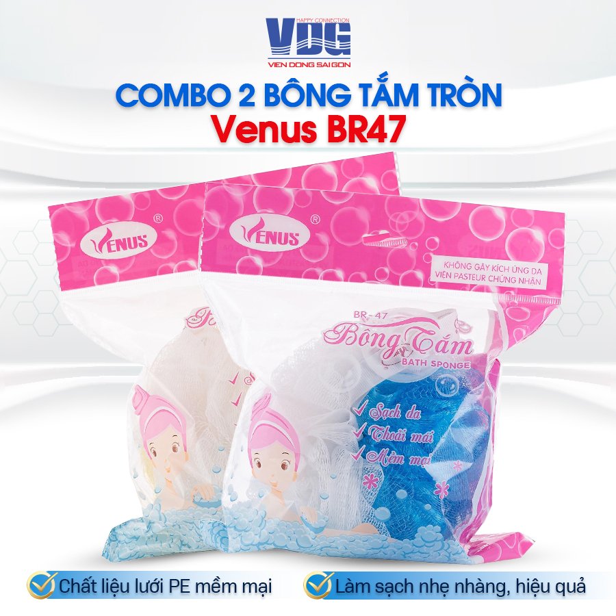 Combo 2 Bông tắm tròn Venus BR47-Tạo bọt nhiều, tấy da chết, thẩm thấu sữa tắm nhiều,massge thư giãn (Giao màu ngẫu nhiên)