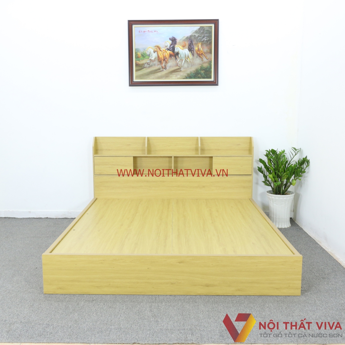 Giường Ngủ Gỗ Mdf Melamine Màu Vàng Có Kệ Trang Trí Đẹp Giá Rẻ