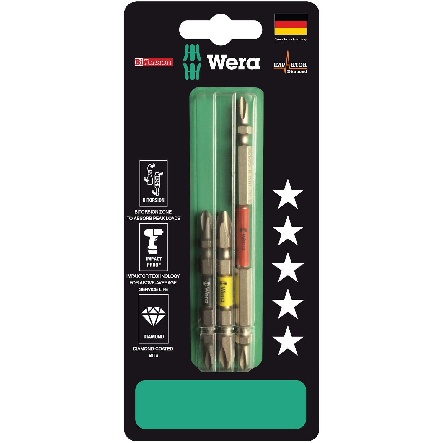 Bộ mũi vít 2 đầu 4 cạnh cho máy khoan bắt vít 851/23 BiTorsion Impaktor phủ kim cương PH2 x 65mm và PH2 x 110mm, 3 cái, Wera 05344490001