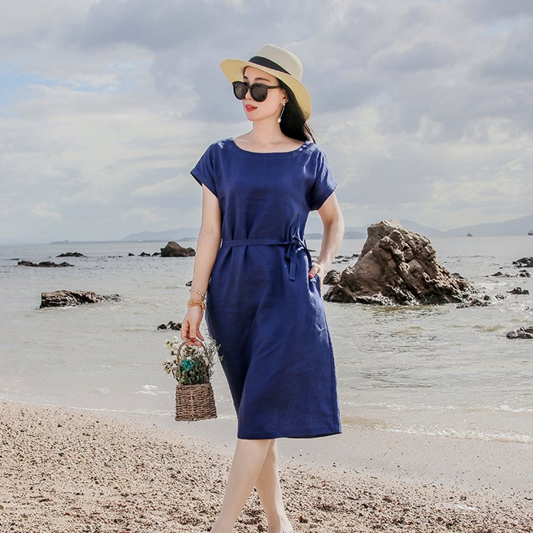 Đầm linen nữ , đầm suông thiết kế trơn basic kèm dây thắt eo, thời trang nữ đi làm, đi chơi Da84