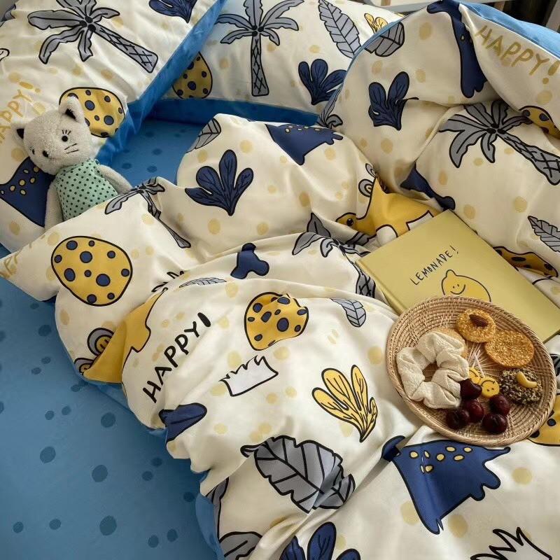 Bộ Chan Ga Gối Cotton Living 100%cotton Hàng Nhập Khẩu Cao Cấp Khủng Long Xanh