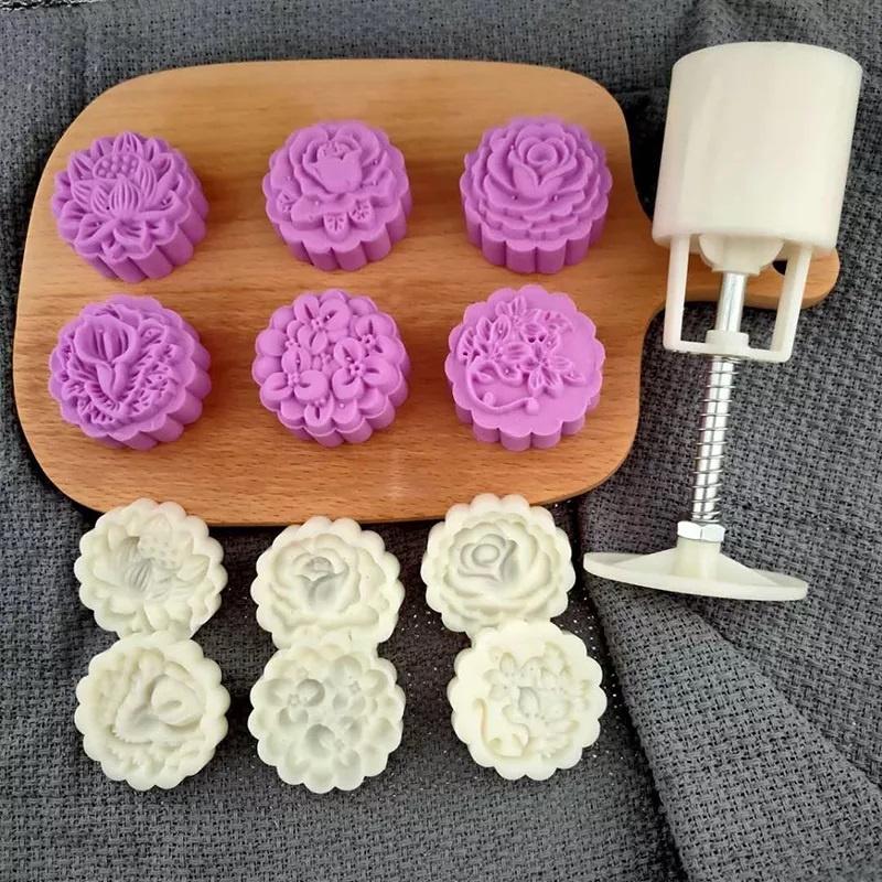 Bộ 6 mặt khuôn Trung thu Hình Hoa Hồng, Hoa Đào, Hoa Sen, Cẩm Chướng, Hoa Mai. Khuôn Trung thu 50gr 8 mặt 3D sắc nét. Ch