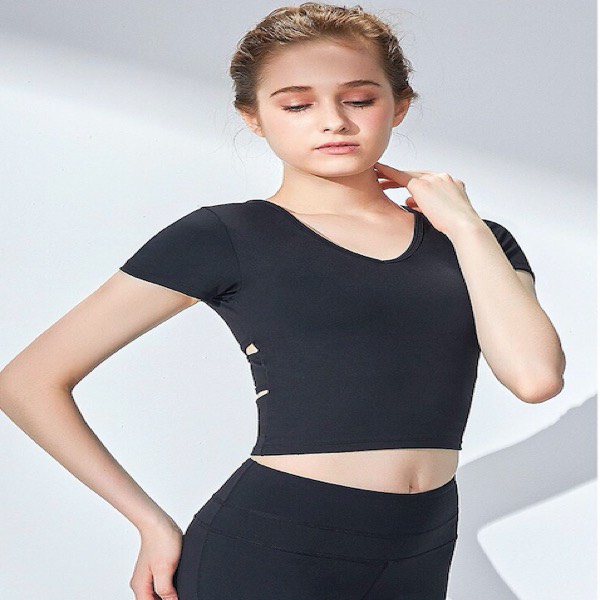 Áo cộc tay tập YOGA, GYM  dáng croptop trẻ trung, Áo có kèm sẵn mút ngực_ QNA103