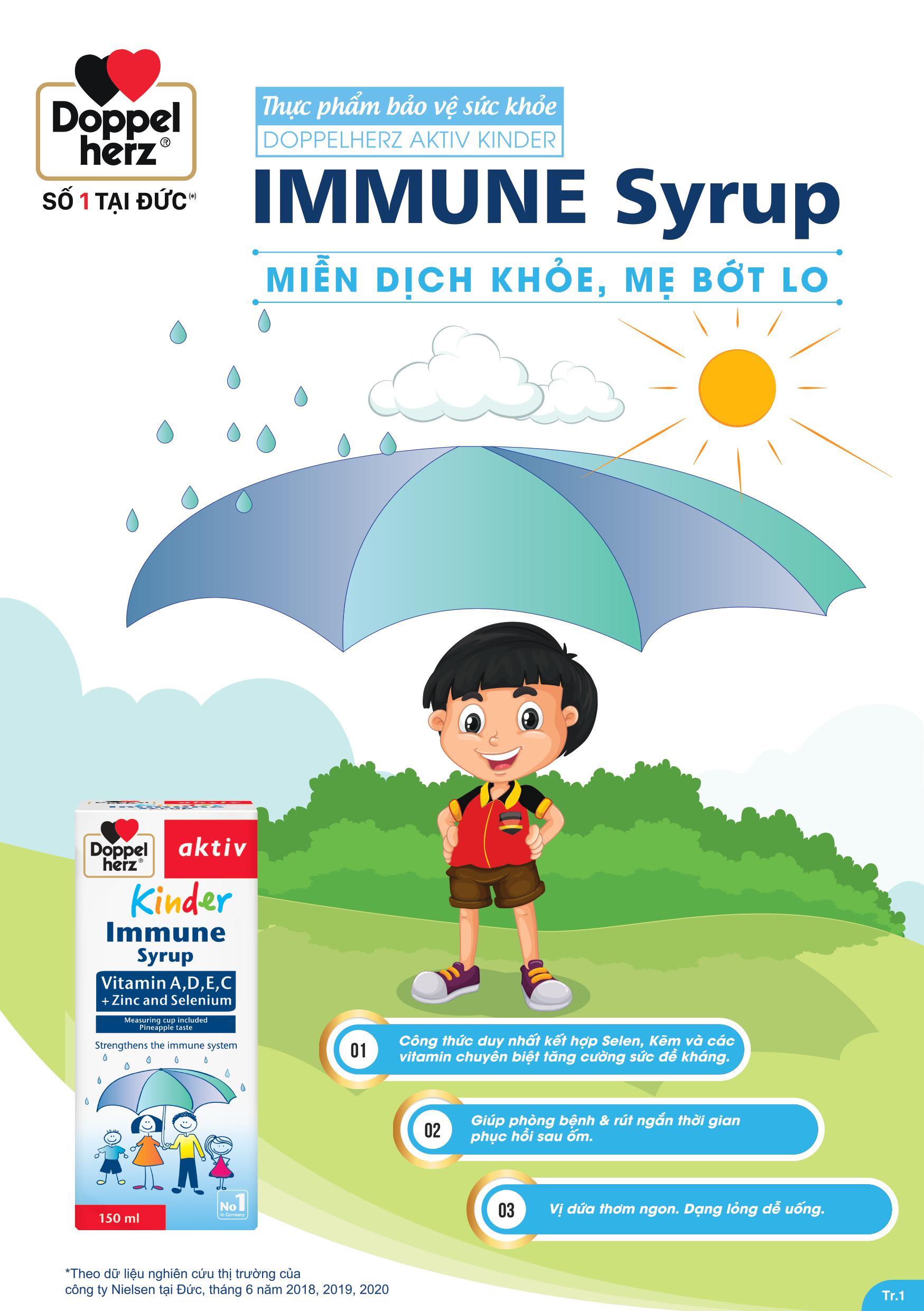 Siro tăng sức đề kháng phòng ngừa ốm vặt cho bé Doppelherz Aktiv Kinder Immune Syrup