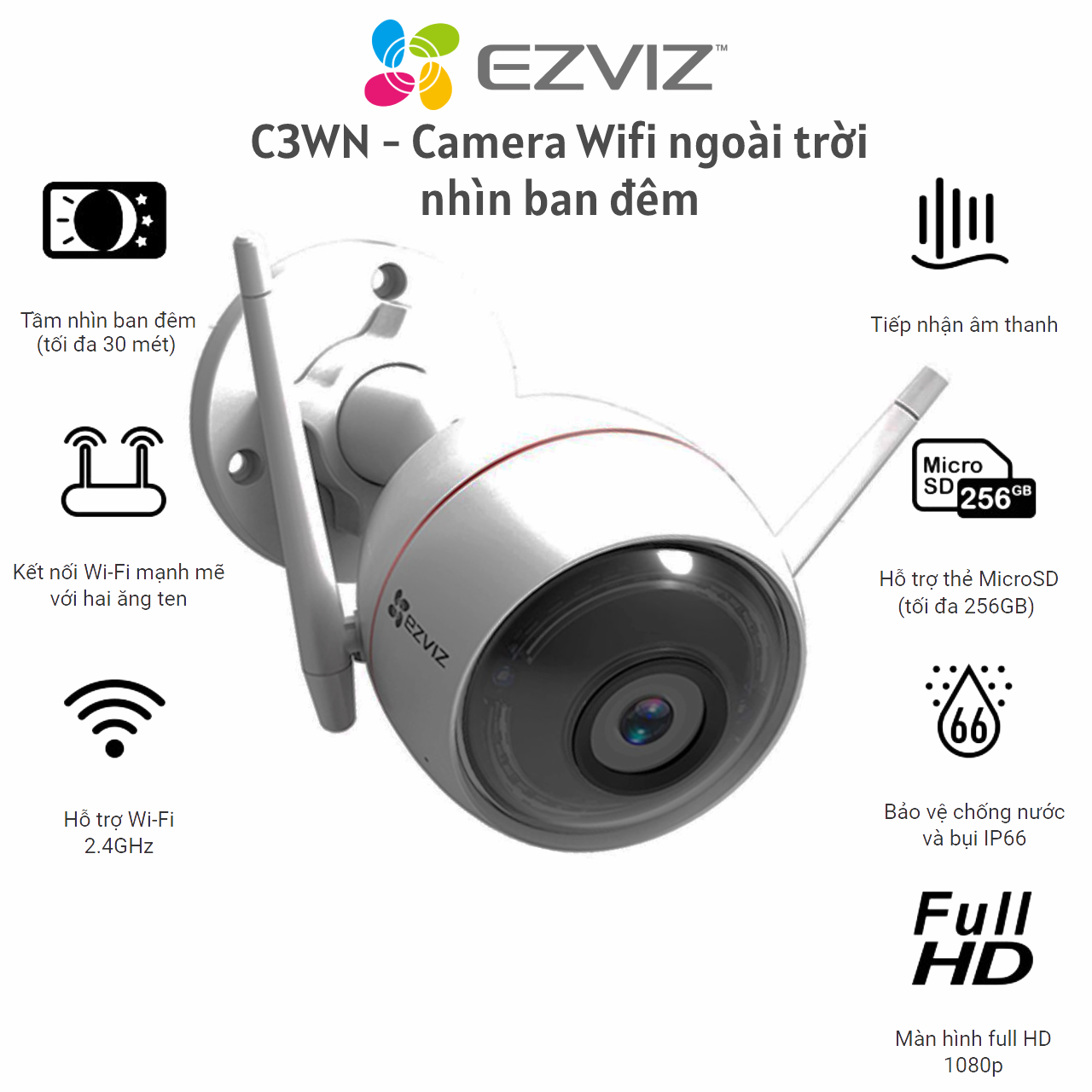 Camera IP Ngoài Trời Chống Nước Ezviz C3WN 2Mp Full HD1080P Ăng ten Wifi kép, tầm nhìn 30m ban đêm, chống bụi nước IP66 - Hàng Chính Hãng