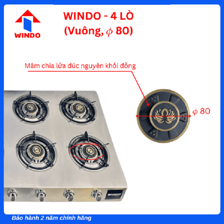 Bếp Gas Công Nghiệp Thấp Áp 4 Lò WINDO - 4 lò phi 80 - Hàng Chính Hãng