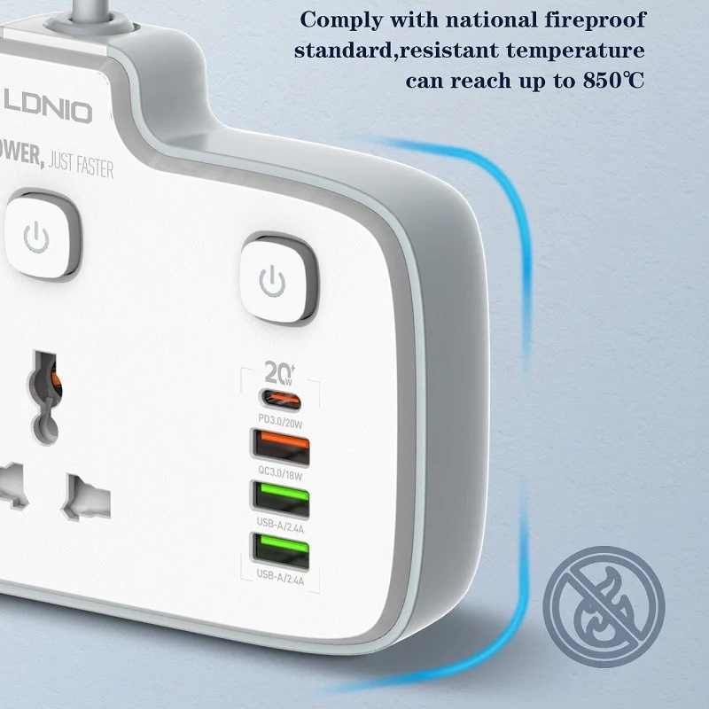 Ổ cắm điện đa năng 6 in 1 hỗ trợ sạc nhanh PD 20w ra 2 ổ cắm điện, 1 PD Type C 20W và 3 USB A QC 3.0 18W hiệu LDNIO SC2413 - hàng nhập khẩu