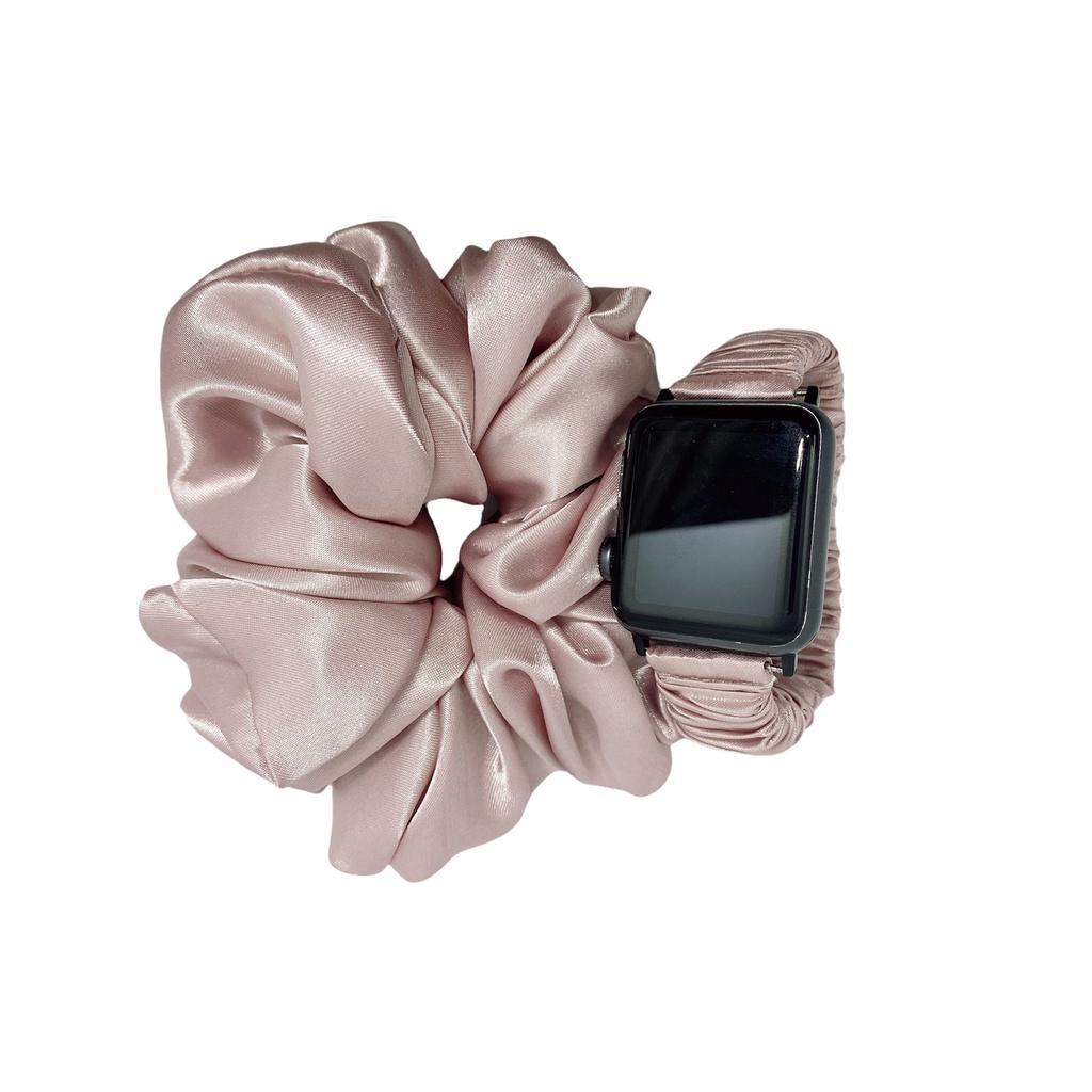 Combo dây đồng hồ apple watch và scrunchies dây cột tóc, buộc tóc vải satin lụa HỒNG Noel