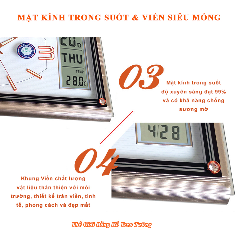 Đồng hồ NHẠC CHUÔNG BÁO GIỜ WESTMINSTER - Máy KIM TRÔI EASTAR có DẠ QUANG - LỊCH VẠN NIÊN và NHIỆT KẾ - Mặt Chữ Nhật Kính Tràn Viền - Tặng 4 Pin Maxell
