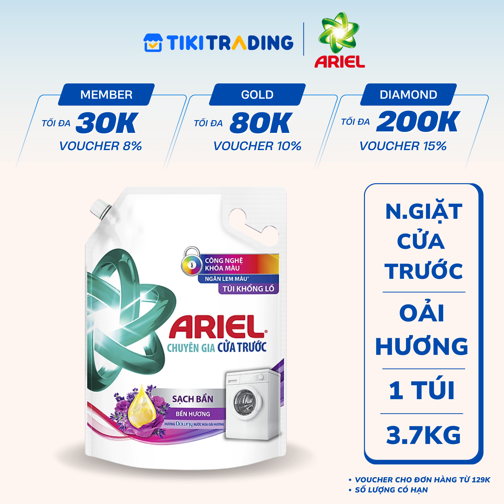 Nước Giặt ARIEL Cửa Trước Bền Màu Hương Hoa Oải Hương Túi 3.7 KG