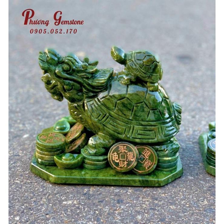 Tượng Cụ Long Quy Cõng Rùa Con - Đá ngọc Serpentine - Dài 22 cm