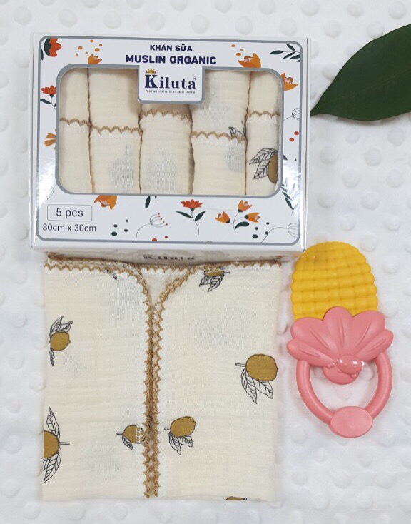 Hộp 5 khăn sữa cho bé 2 lớp chất vải Muslin Organic cao cấp, mềm mịn, thấm hút tốt KT 30x30cm