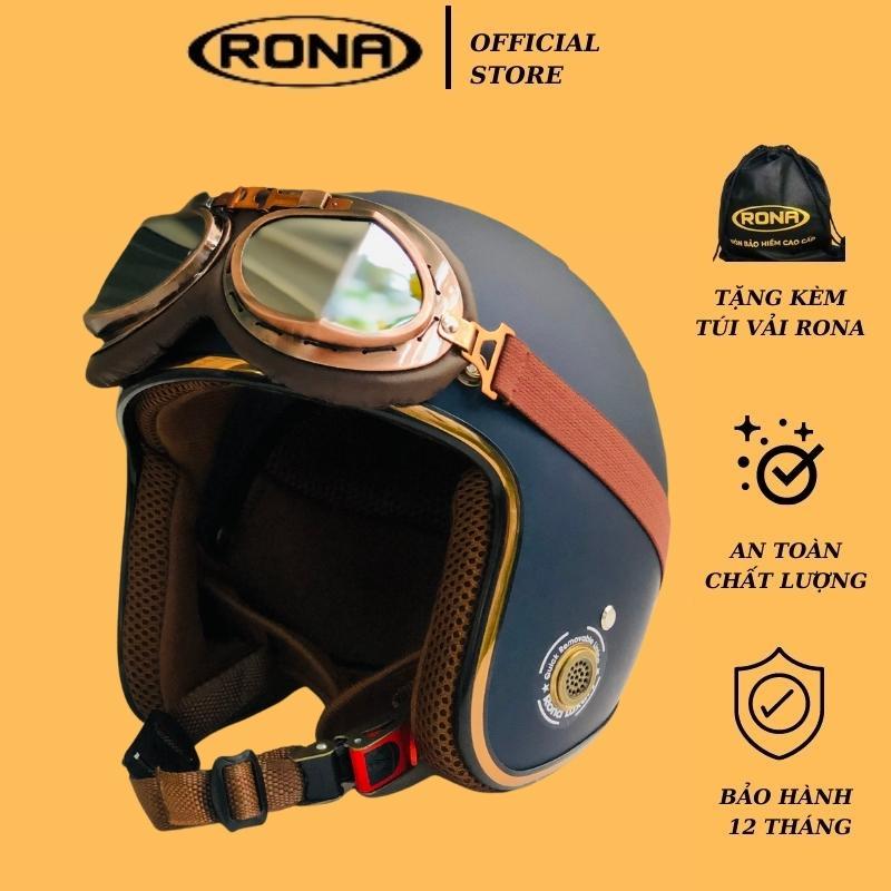 Mũ bảo hiểm xe máy 3/4 RONA R8 kèm kính phi công viền đồng cao cấp chính hãng