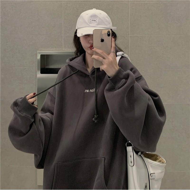 Áo hoodie nữ form rộng, Áo hoodie nữ form rộng nỉ dày có mũ unisex màu xám mặc nhà đi chơi đi học ulzzang hàn quốc