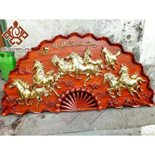 TRANH QUẠT GỖ MÃ ĐÁO THÀNH CÔNG DÁT VÀNG LIỀN KHỐI ĐƯỜNG KÍNH 1M