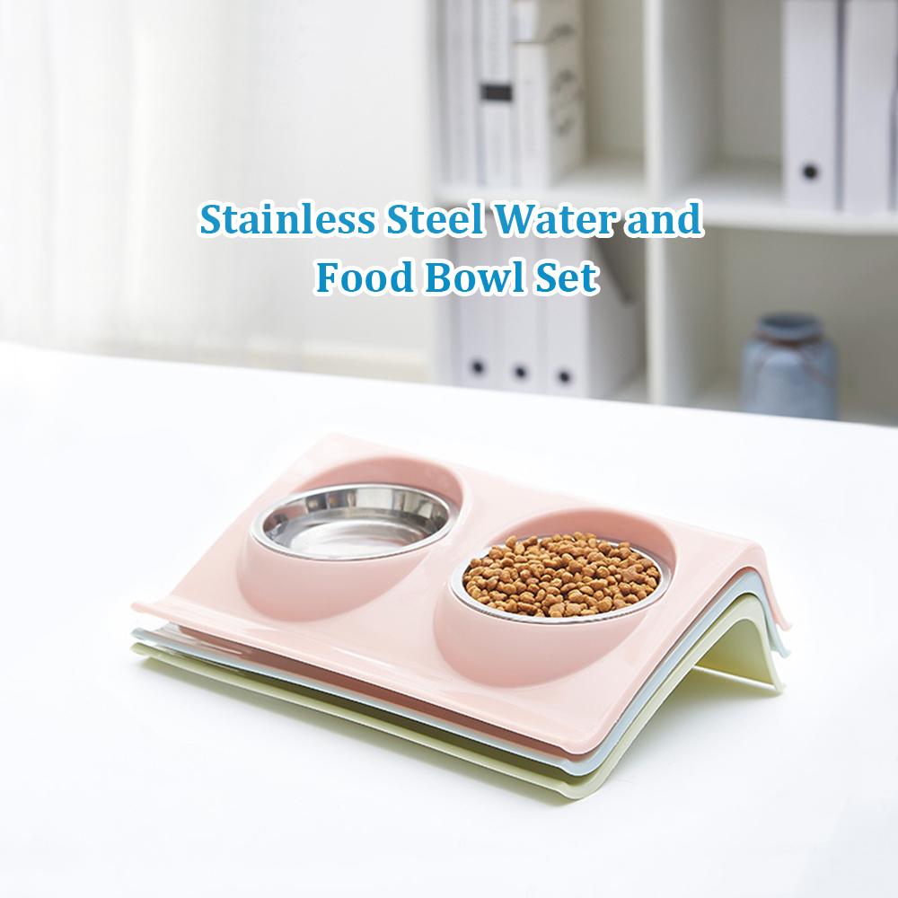 Bát Đôi bằng thép không gỉ cho thú cưng với thức ăn không tràn đáy và khay nạp nước