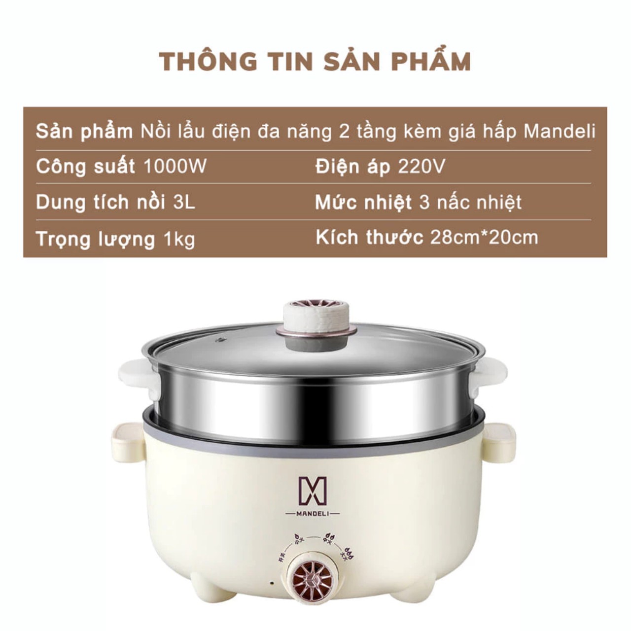 Nồi Lẩu Điện Đa Năng Mini Chống Dính Vân Đá Cao Cấp Công Suất 1000W, Nồi Điện Đa Năng Kèm Xửng Hấp Inox 28cm Dung Tích 4L Phù Hợp Cho Gia đình -Hàng Chính hãng MINIIN