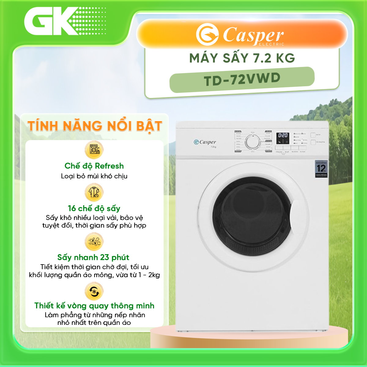 Máy sấy quần áo Casper 7.2 kg TD-72VWD - Hàng chính hãng Giao hàng toàn quốc