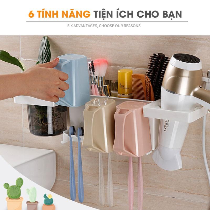 Kệ để đồ nhà tắm, treo bàn chải đánh răng, tặng kèm 3 cốc đa năng, có giá treo máy sấy tóc thông minh 