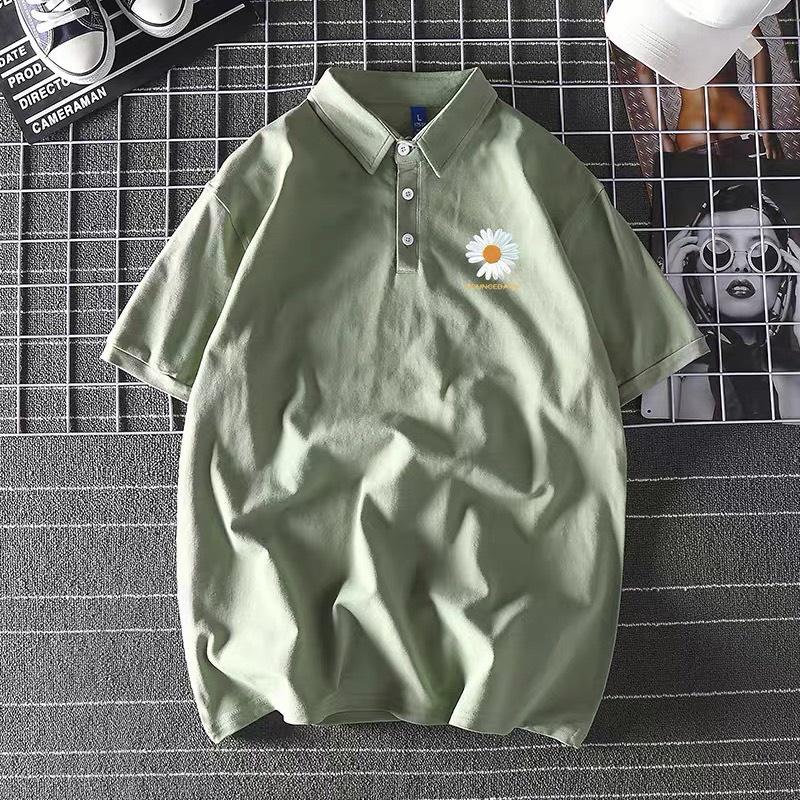 Áo polo nam nữ thêu hoa cúc và thêu chữ trước ngực, chất cotton thâm hút mồ hôi, áo cổ bẻ