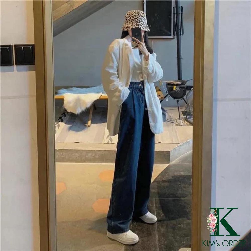 Quần jean nữ xanh đậm ống suông lưng cao phong cách Ulzzang Hàn Quốc thời trang chất liệu denim đi làm đi học đi chơi