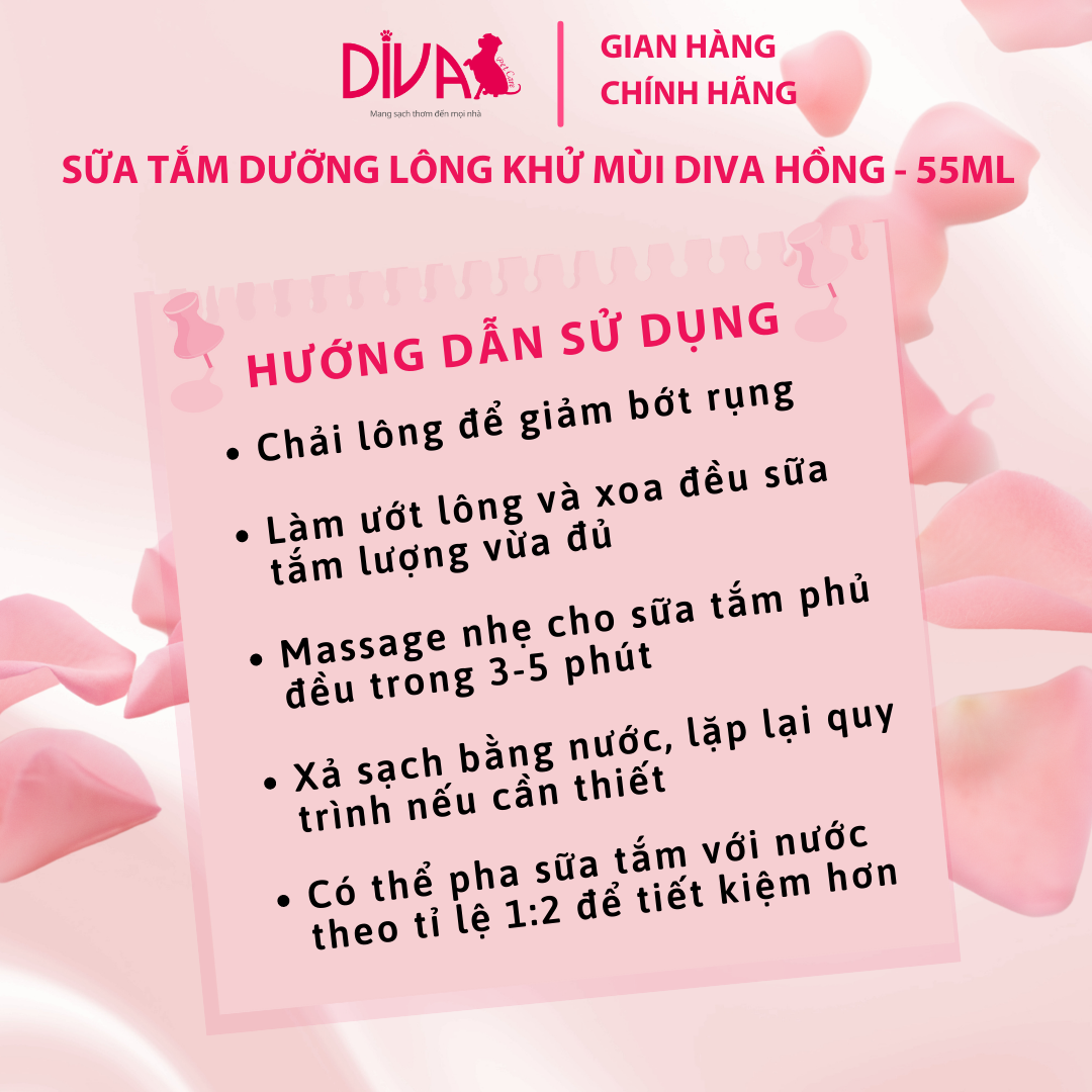 SỮA TẮM CHÓ DƯỠNG LÔNG KHỬ MÙI DIVA HỒNG 55ML (DIVA FORMULA 2)