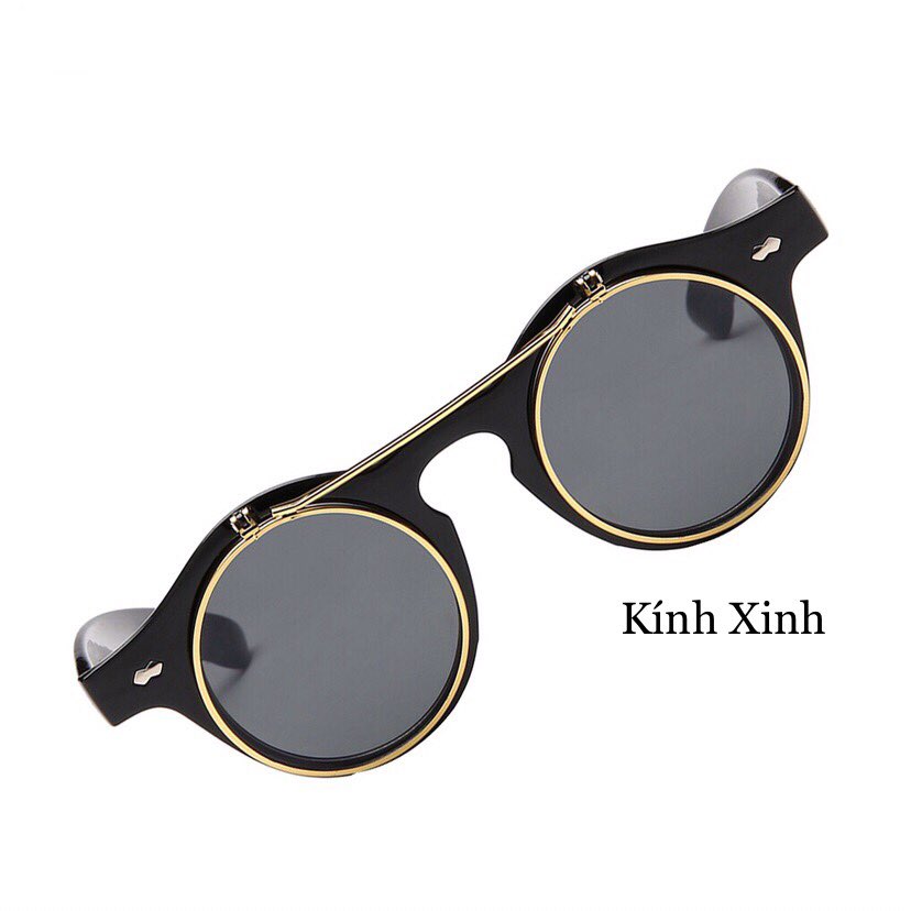 Kính Râm 2 Lớp Mở Nắp Mắt Tròn Gọng Nhựa Chống Nắng Uv Cao Cấp