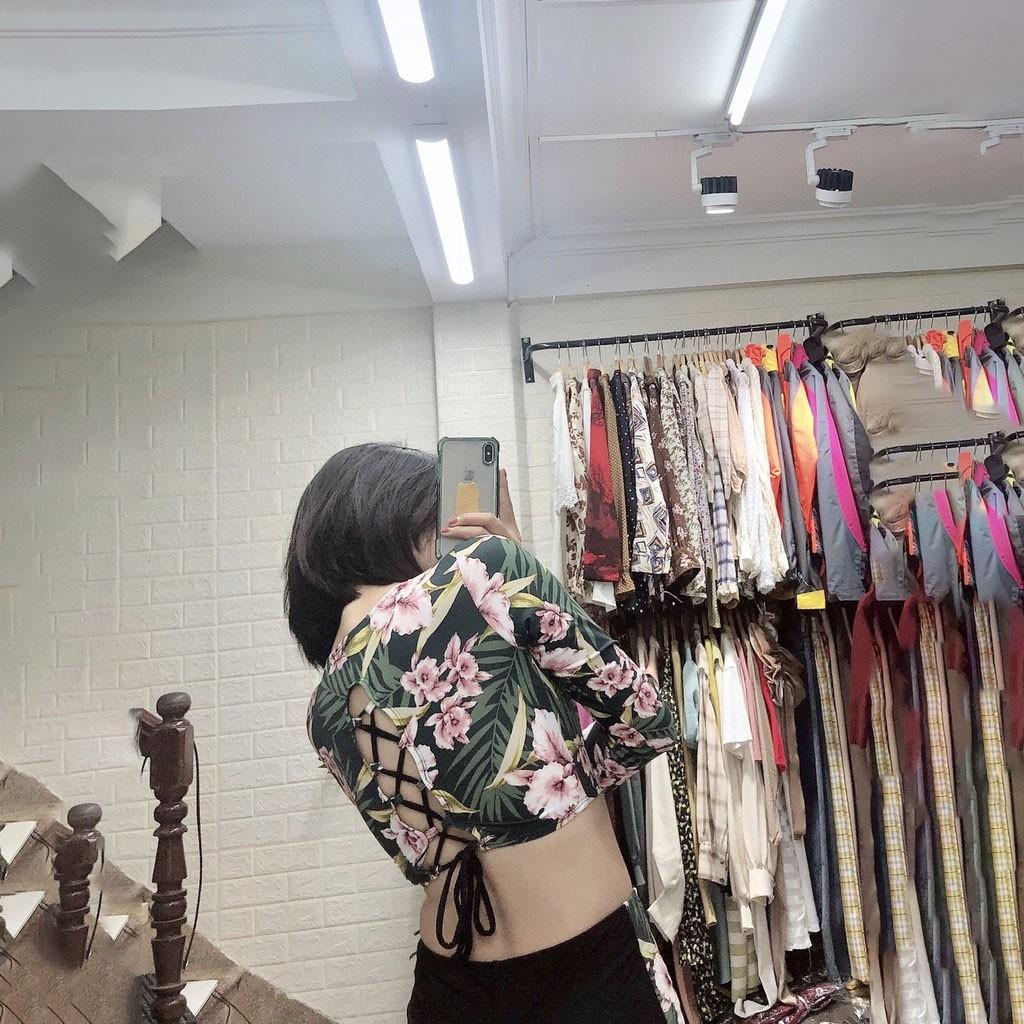 Đồ bơi bikini 2 mảnh dài tay buộc dây lưng phối hoạ tiết quần cạp cao QP012