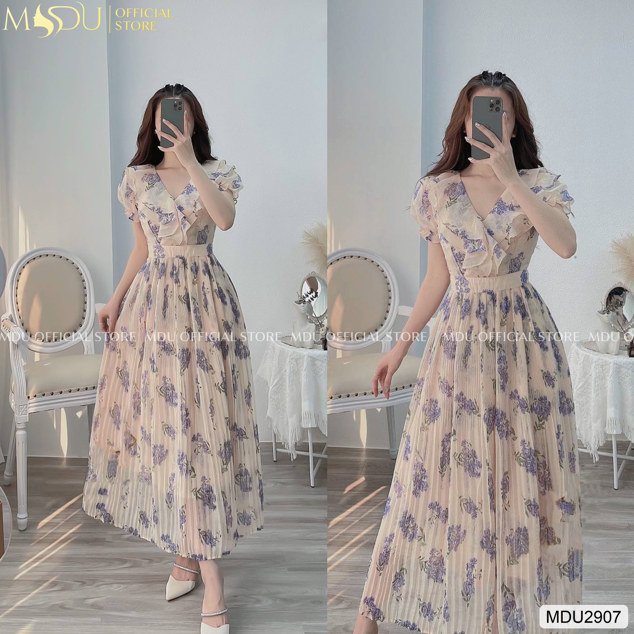 [MIỄN SHIP] MDU2907 Váy hoa chất tơ Hàn thiết kế cao cấp, tay bồng xòe mềm mại