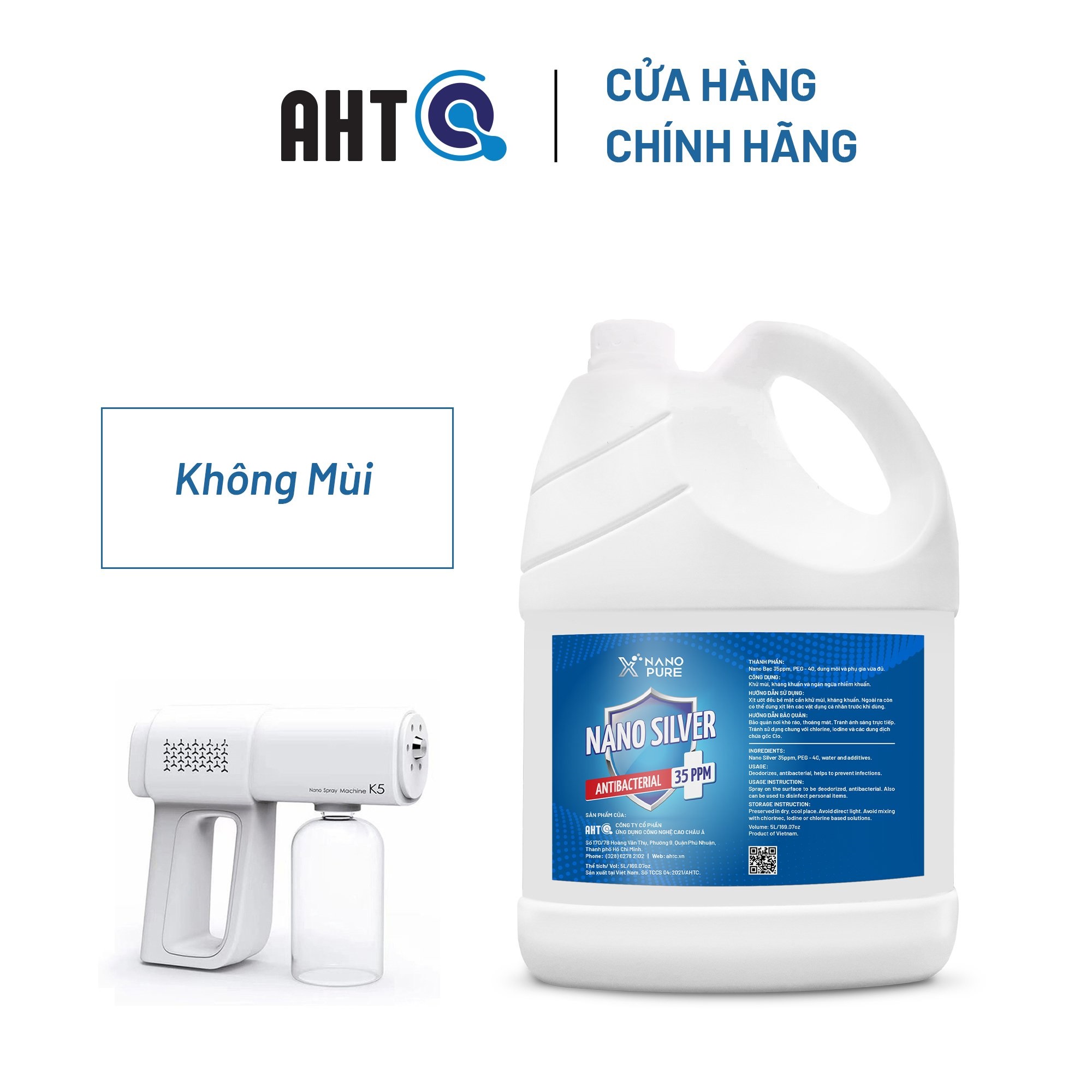 [TẶNG CHAI XỊT 500ML TIỆN DỤNG] Dung Dịch Nano Xpure Nano Silver Antibacterial 35ppm 5L (Không Mùi)-Diệt khuẩn, khử mùi–Nano Bạc AHT Corp (AHTC)