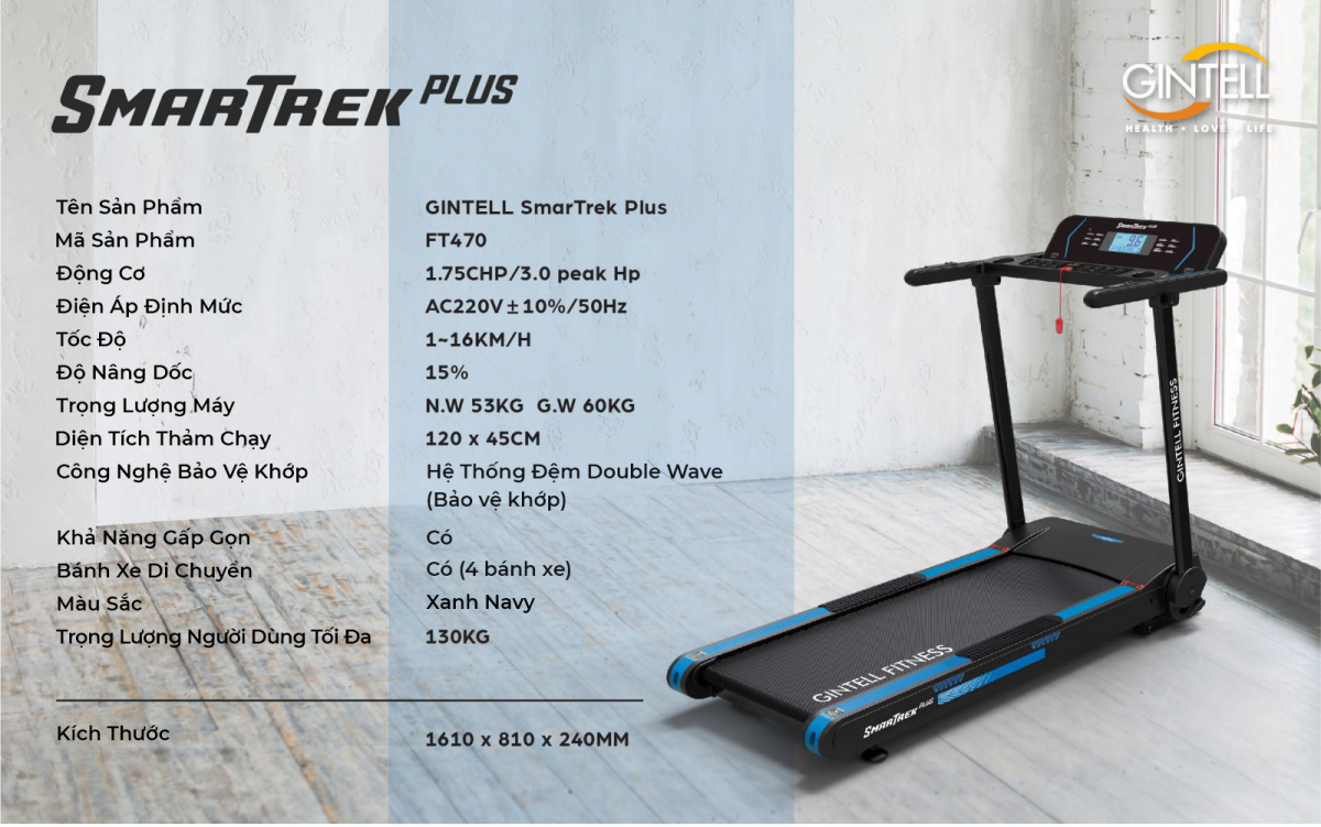 Máy chạy bộ GINTELL SmarTrek Plus | Nâng dốc | Gấp gọn