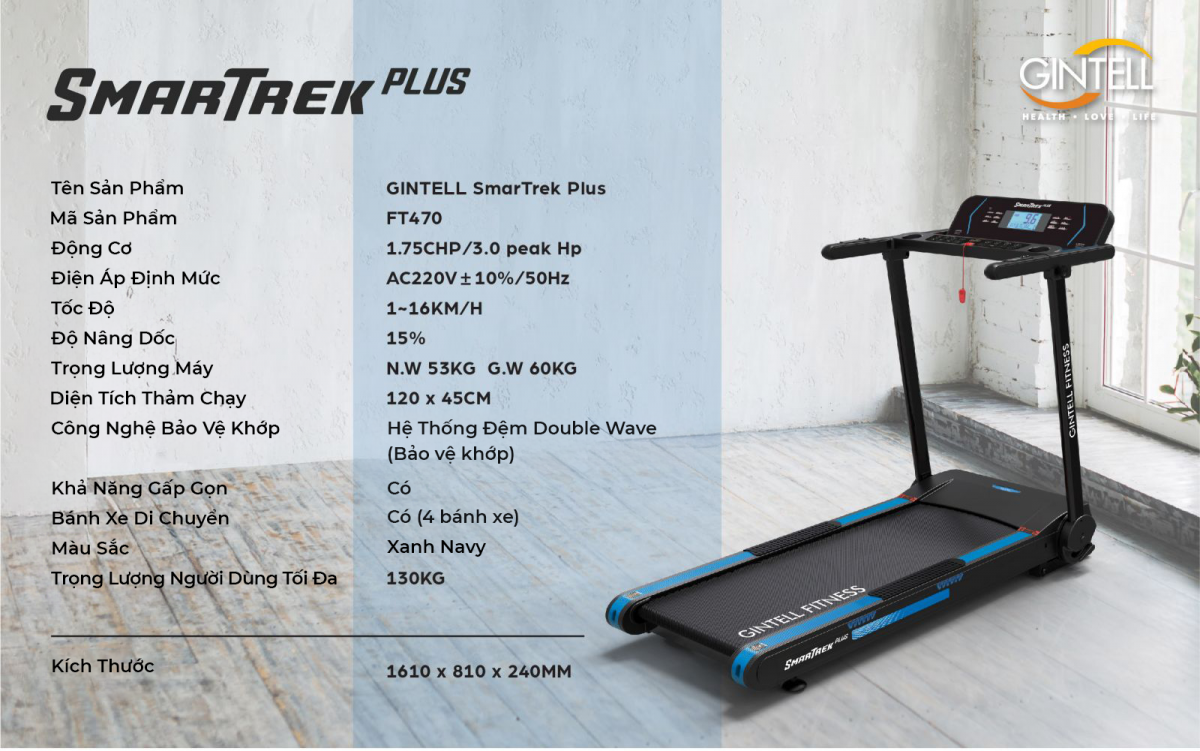 [BH 1 Năm] Máy chạy bộ GINTELL SmarTrek Plus | Nâng dốc | Gấp gọn