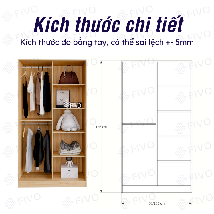 Tủ Treo Áo Quần Cửa Trượt Cao Cấp FIVO Mã FC32 Nhiều Kích Thước Phù Hợp Với Mọi Không Gian - Màu Gỗ + Trắng