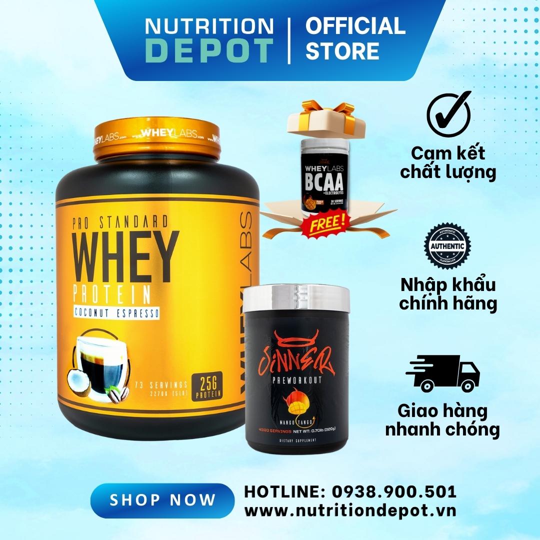 [COMBO TĂNG CƠ- TĂNG SỨC MẠNH] Sữa tăng cơ Wheylabs Pro Standard Whey Protein 2.3kg (73 lần dùng) + Sinner Preworkout vị Mango -TẶNG KÈM 1 WHEYLABS SHAKER