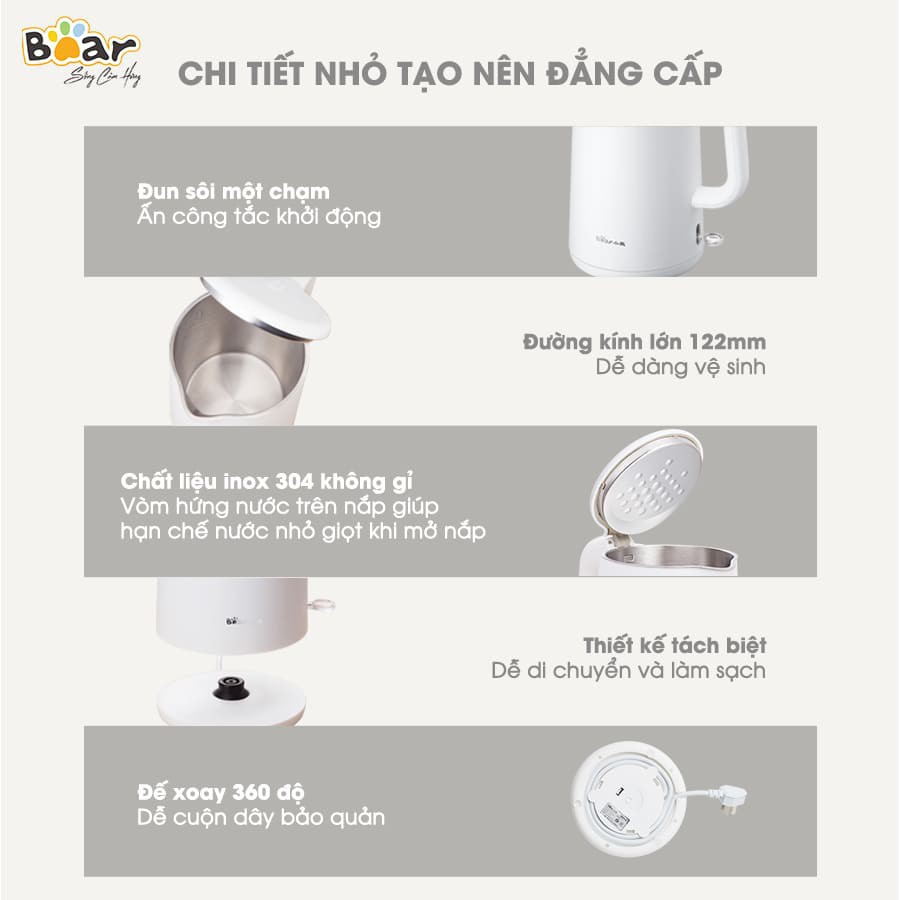 Ấm đun siêu tốc nội địa Trung Bear 1.5L ZDH-B15T1, hàng chính hãng