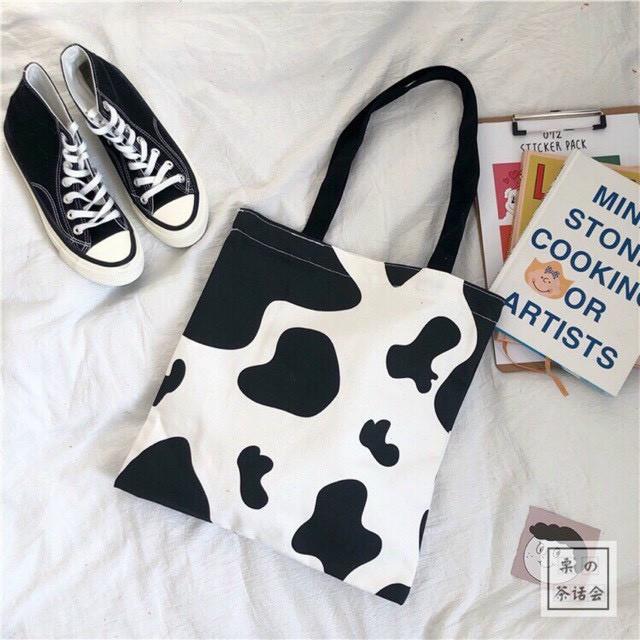 Túi đeo vai bò sữa vải Canvas phong cách Ulzzang, vải bố form Unisex