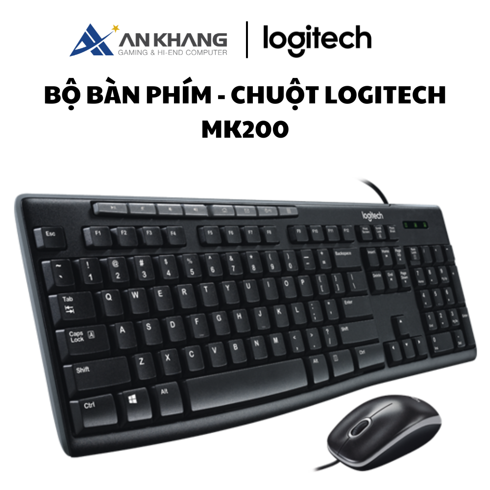 Bàn phím chuột có dây Logitech MK200 có kích thước đầy đủ, Tám phím phương tiện, Chống đổ tràn, bền bỉ - Hàng Chính Hãng