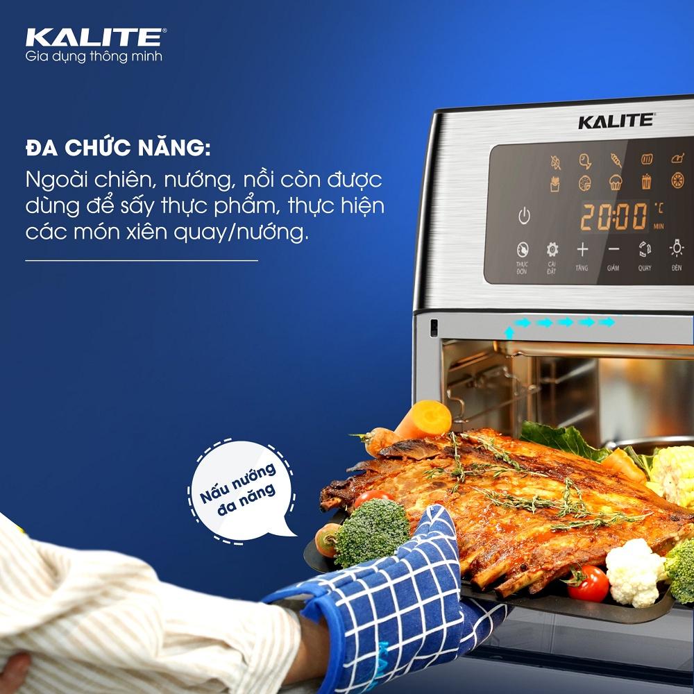 Nồi chiên không dầu Kalite KL 1500, dung tích 15L, công suất 1700W, dải nhiệt 40-200 độ, bộ phụ kiện xiên quay, giỏ lồng quay đa dạng, setup sẵn 10 chức năng nấu, hàng chính hãng