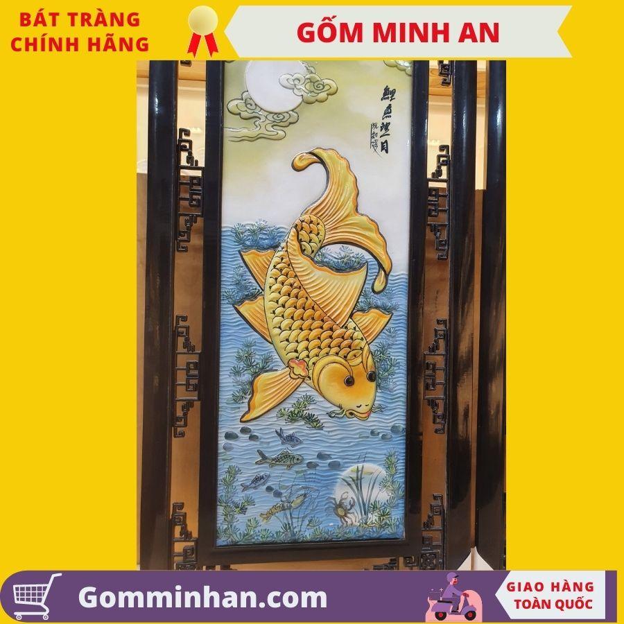 Tranh gốm Tranh Sứ Cá Chép- Lý Ngư Vọng Nguyệt Đắp nổi Phủ Men Bóng- Gốm Sứ Bát Tràng- Gốm Minh An