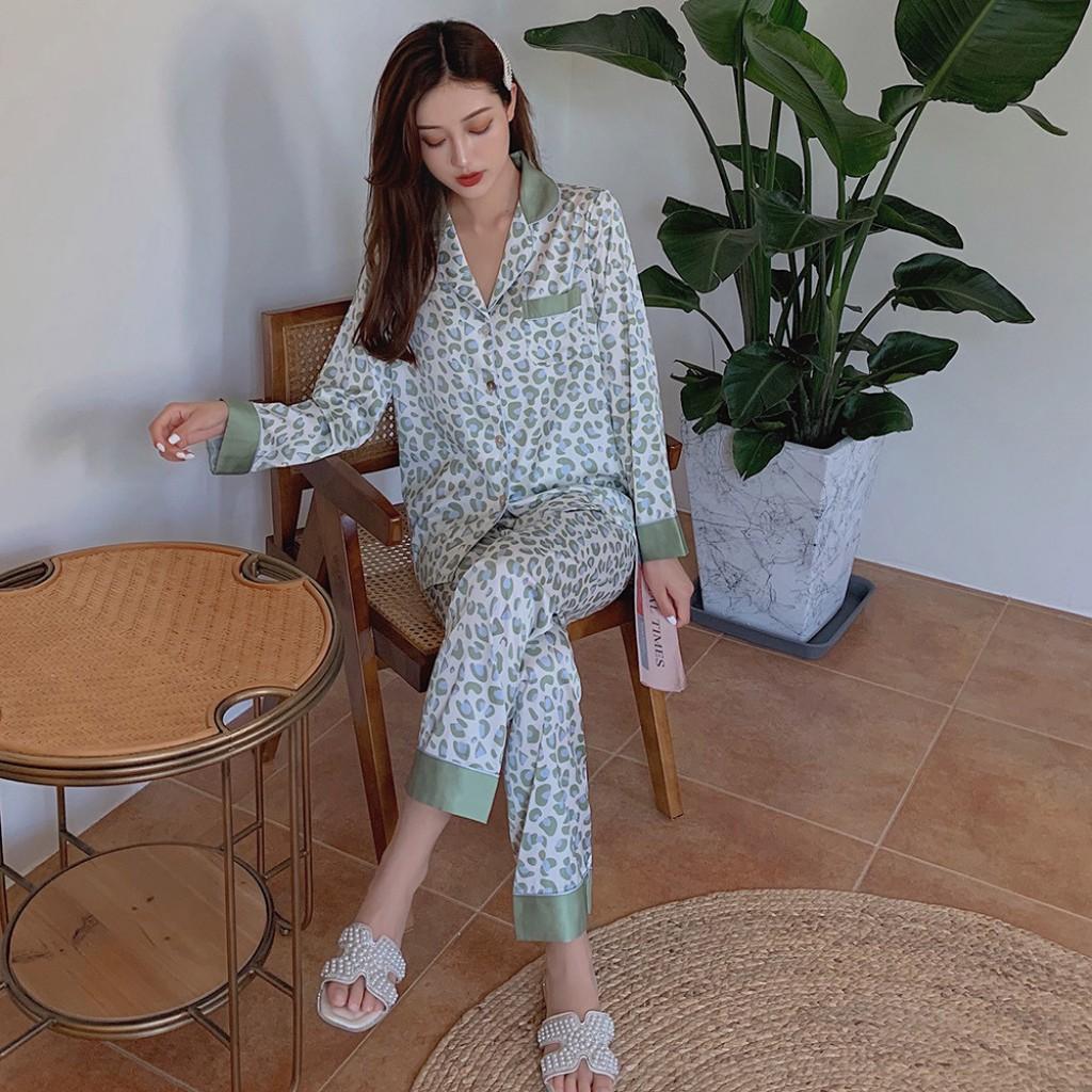 Bộ đồ ngủ, bộ ngủ nữ pijama lụa cao cấp Quảng Châu dài tay họa tiết trẻ trung