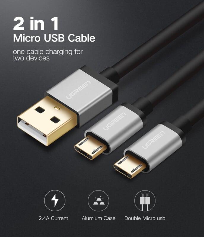 Ugreen UG40347US196TK 0.5M màu Đen Cáp sạc truyền dữ liệu USB 2.0 sang 2 đầu MICRO USB cao cấp - HÀNG CHÍNH HÃNG